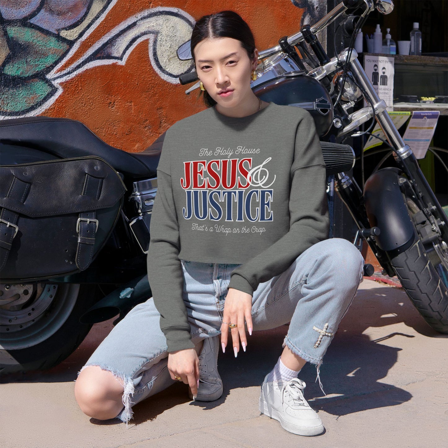 JESUS AND JUSTICE CROP SWEATSHIRT