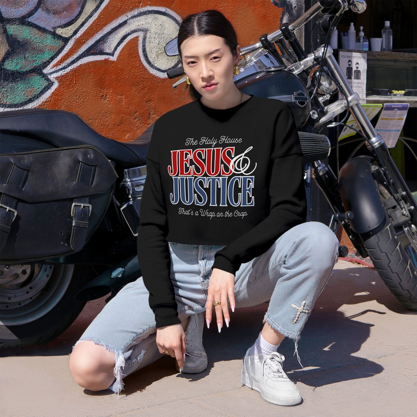 JESUS AND JUSTICE CROP SWEATSHIRT