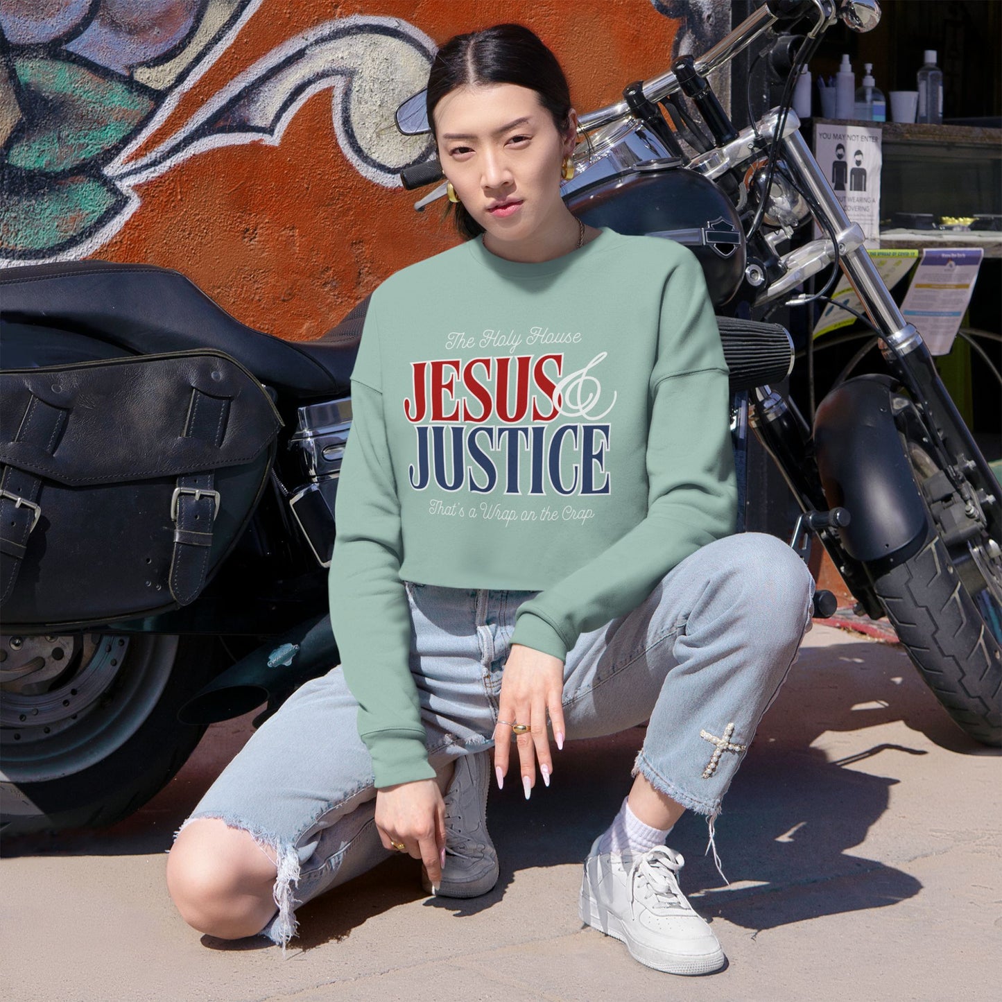JESUS AND JUSTICE CROP SWEATSHIRT